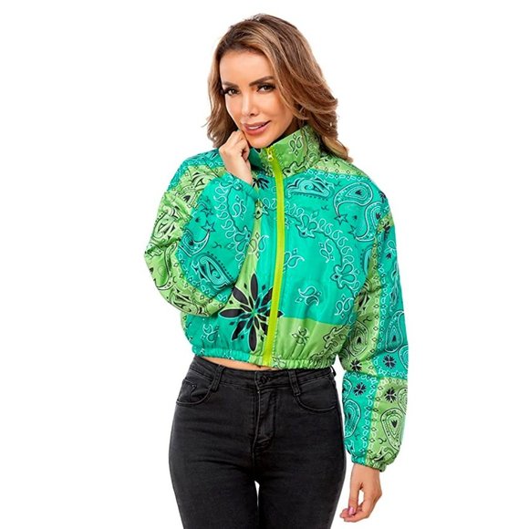 Hujoin Jackets & Coats Nwt Cropped Green Bandana Jacket Puffer
